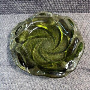 MCM Fenton Textured Heavy Green Glass Swirl Ashtray Candy Dish VTG 8"